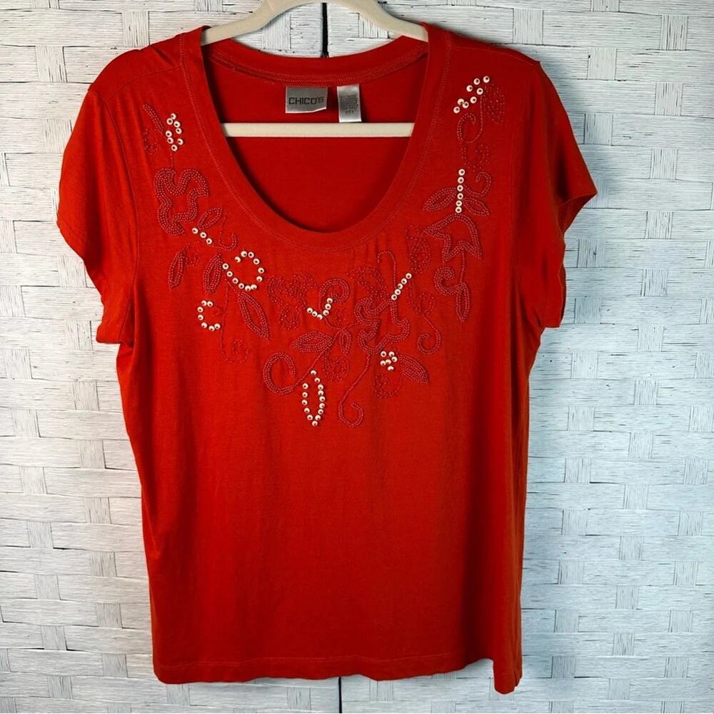 Chico's Womens orange Tee shirt embroidery and beading coastal grandma summer